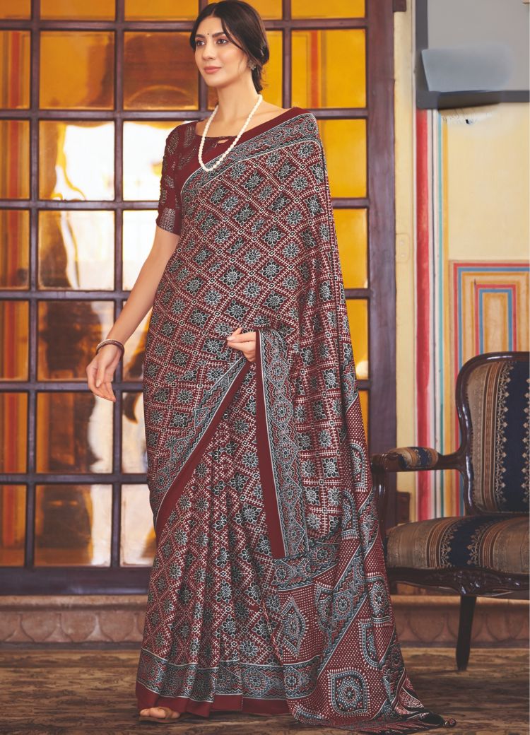 Buy MySilkLove Metallic Copper Brown Ajrakh Printed Satin Crepe Saree Online