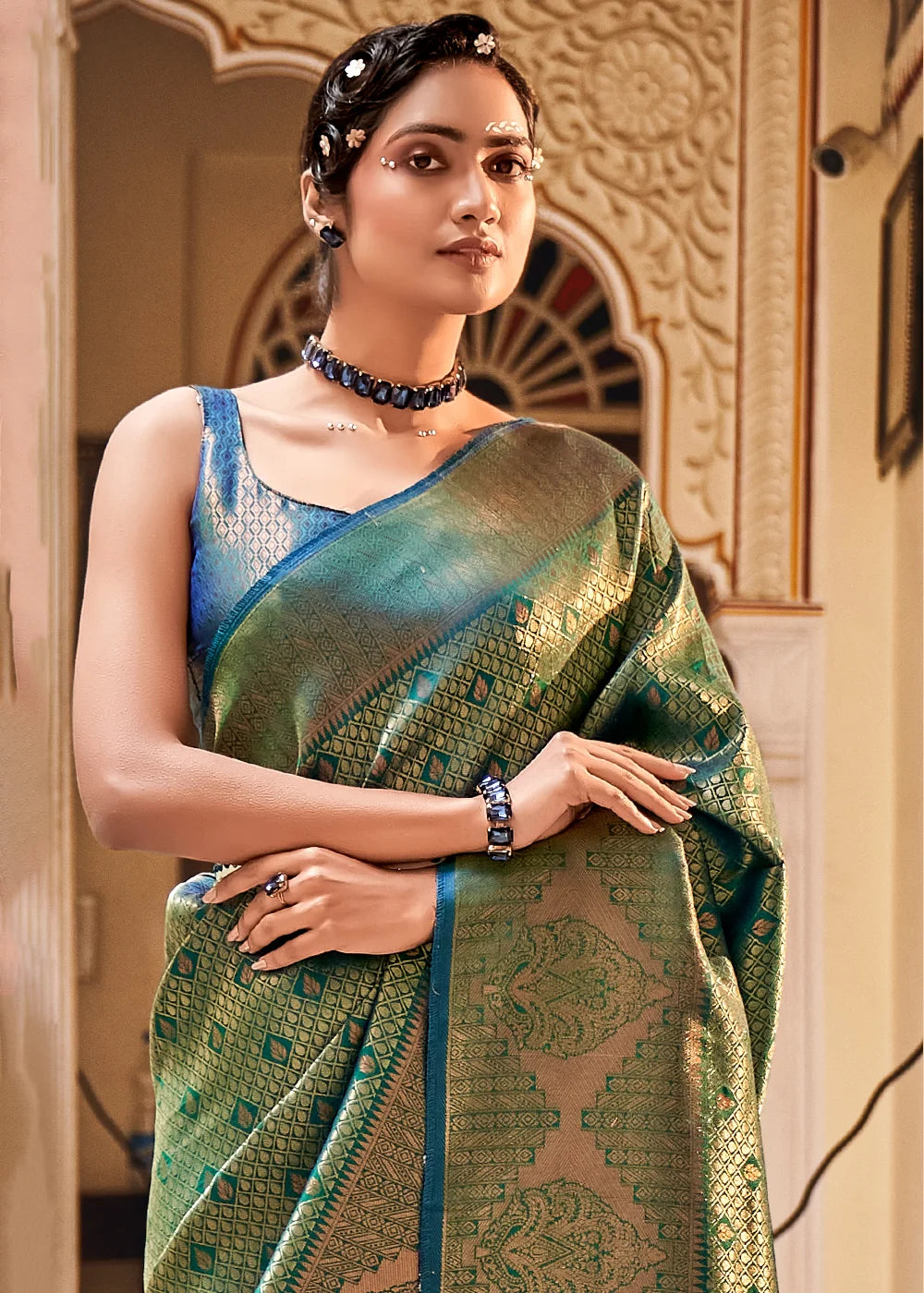 Buy MySilkLove Sage Green Zari Woven Kanjivaram Saree Online