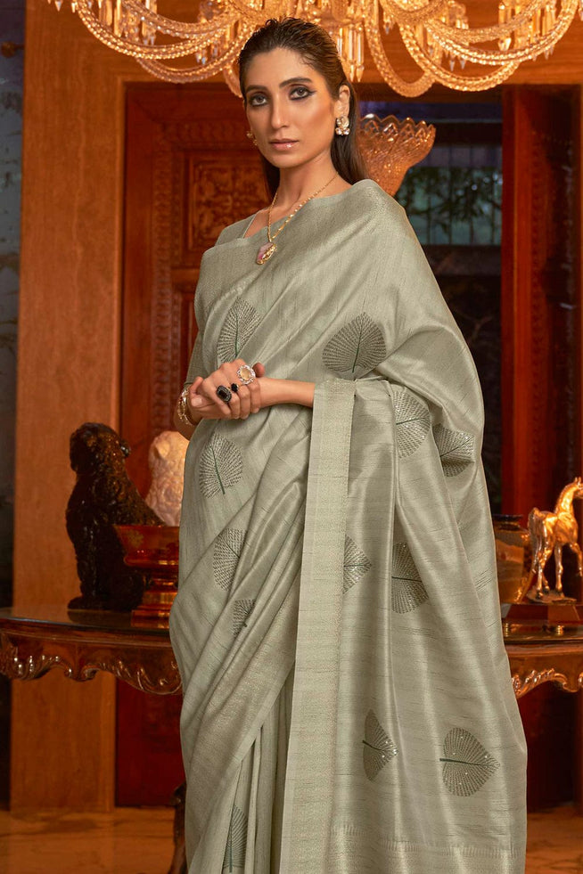Buy MySilkLove Hillary Grey Zari Woven Banarasi Saree Online