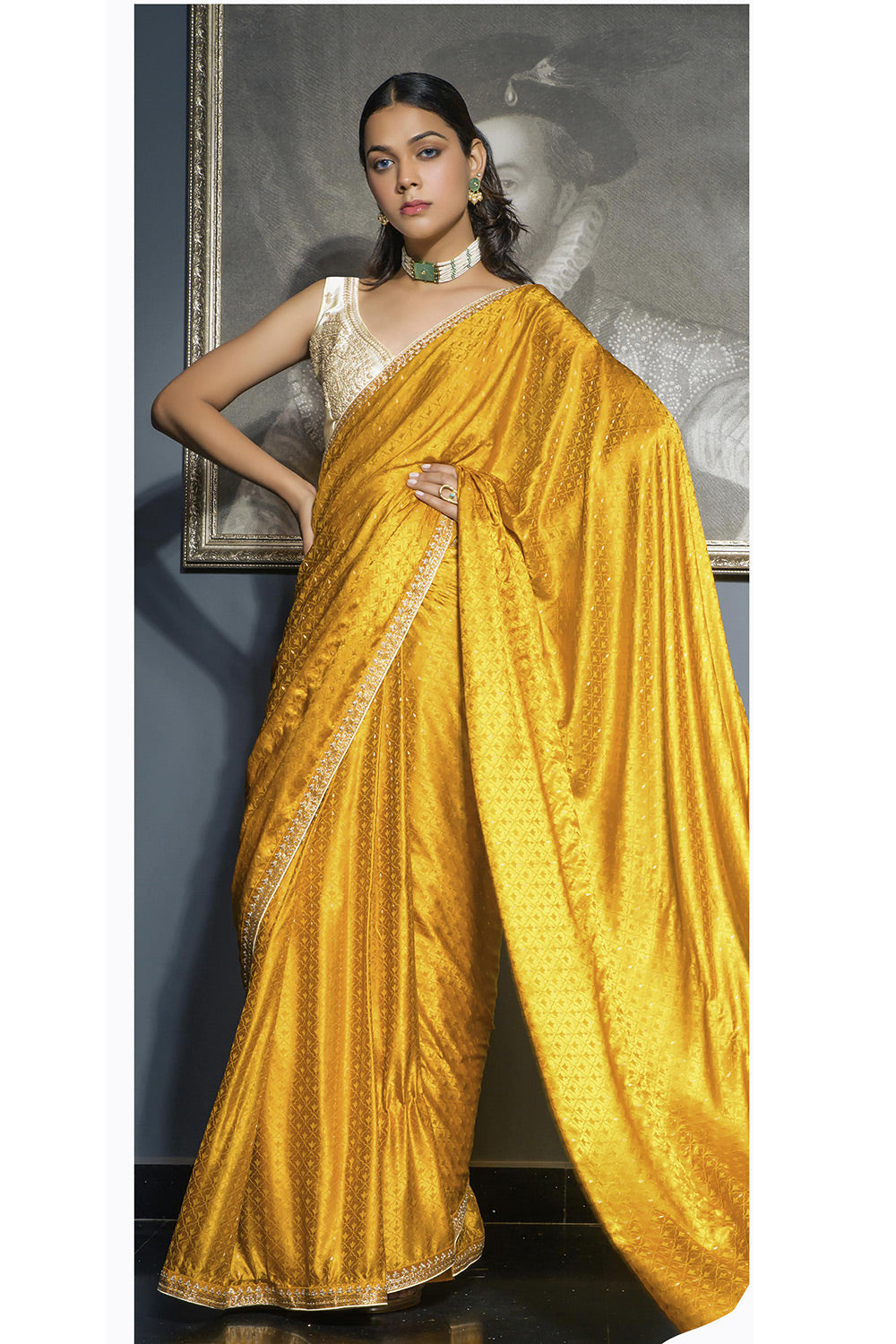 MySilkLove Mustard Yellow Satin Saree