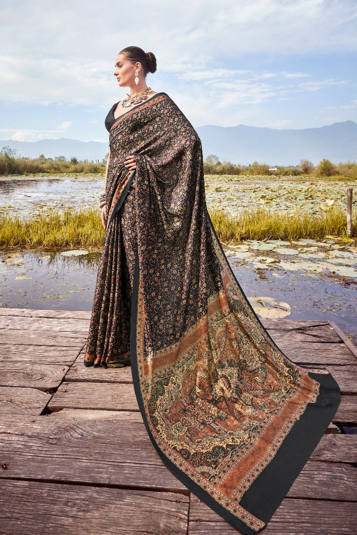 Buy MySilkLove Cape Cod Black Printed Pashmina Silk Saree Online