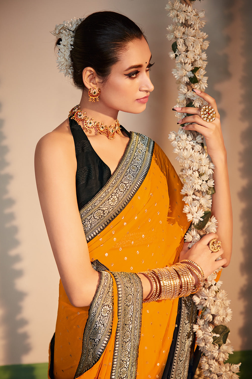 Buy MySilkLove Tangerine Yellow and Black Printed Georgette Saree Online