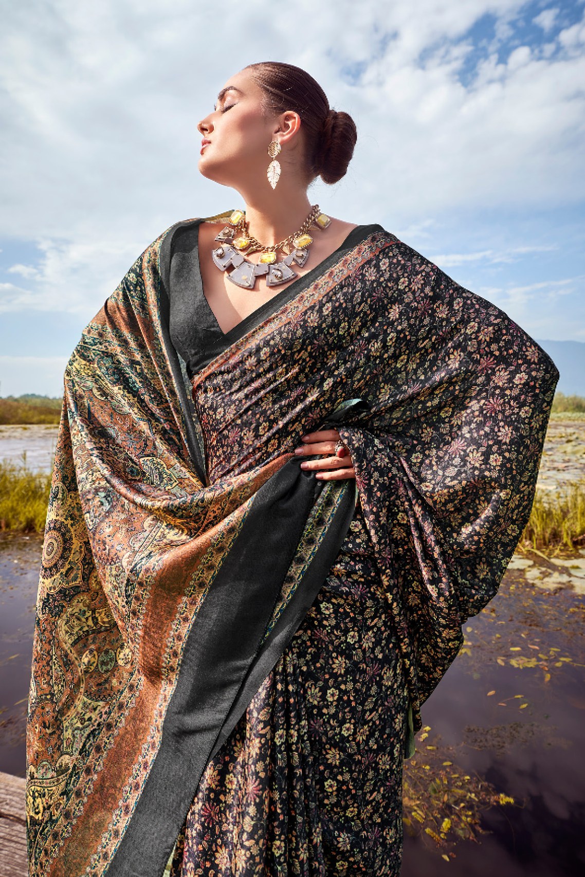 Buy MySilkLove Cape Cod Black Printed Pashmina Silk Saree Online