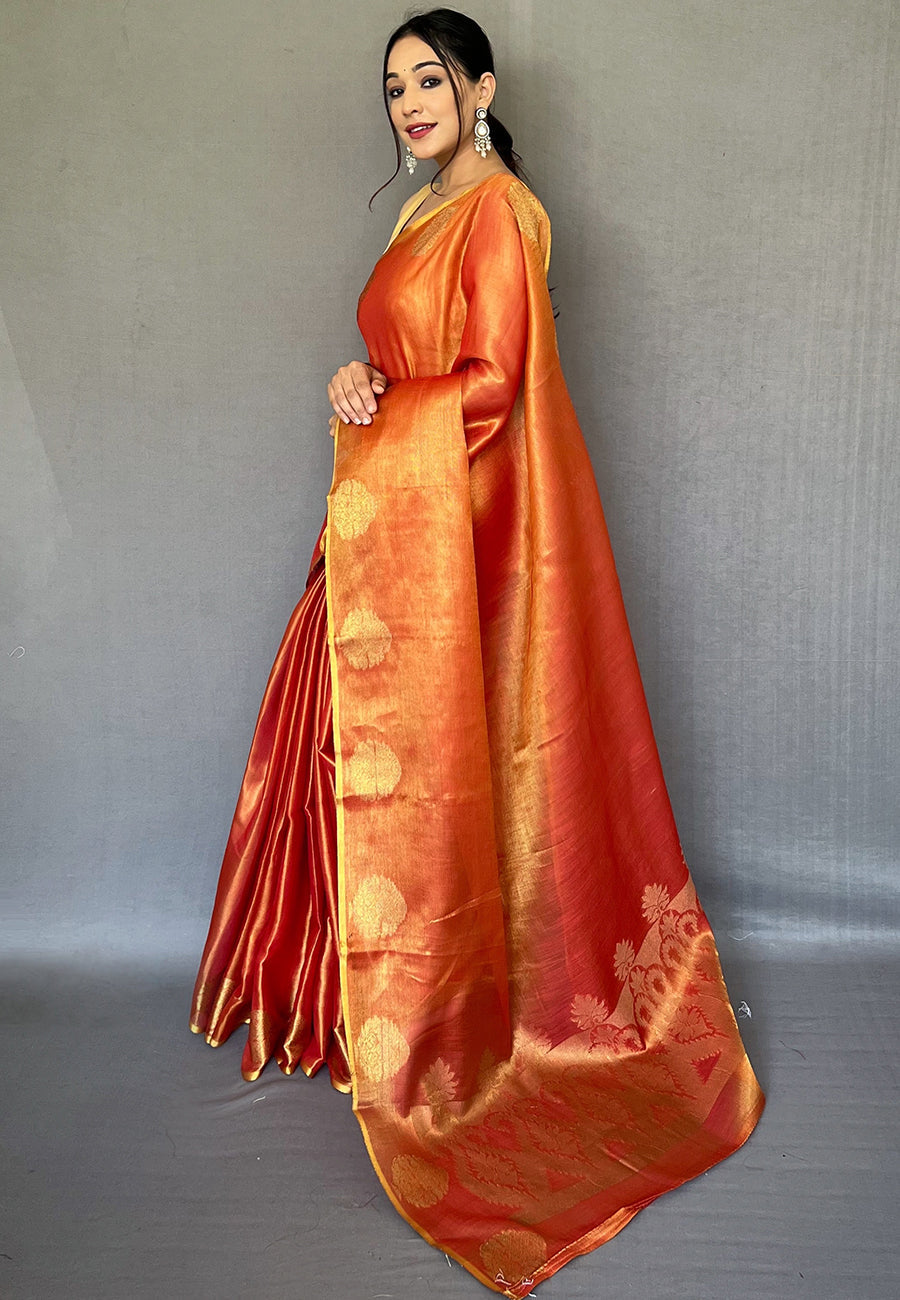 Buy MySilkLove Jaffa Orange Zari Woven Banarasi Tissue Silk Saree Online