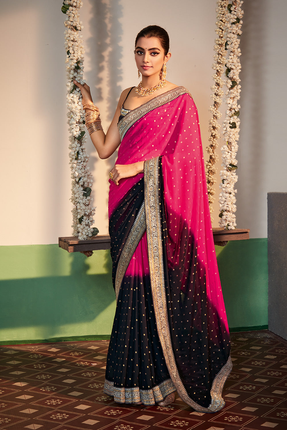 Buy MySilkLove Rose Pink and Black Printed Georgette Saree Online