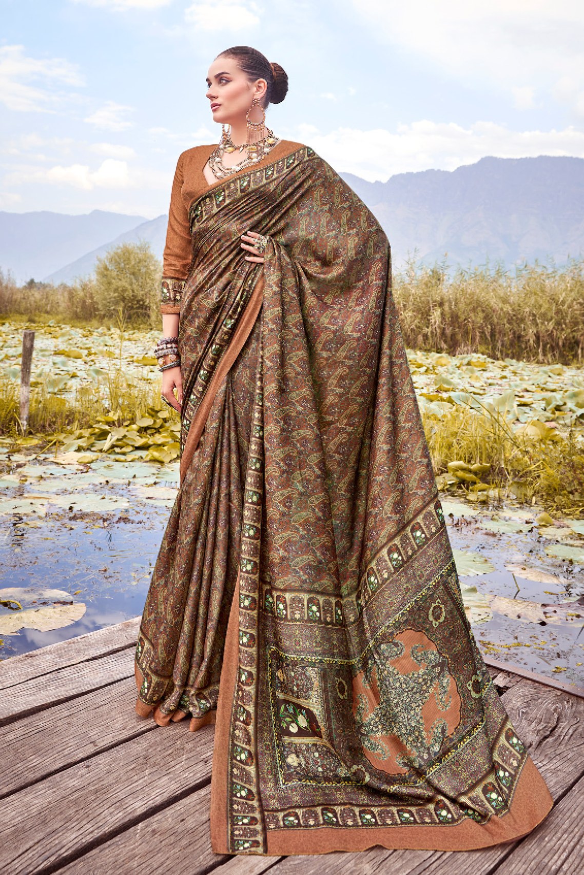 Buy MySilkLove Mongoose Green and Brown Printed Pashmina Silk Saree Online