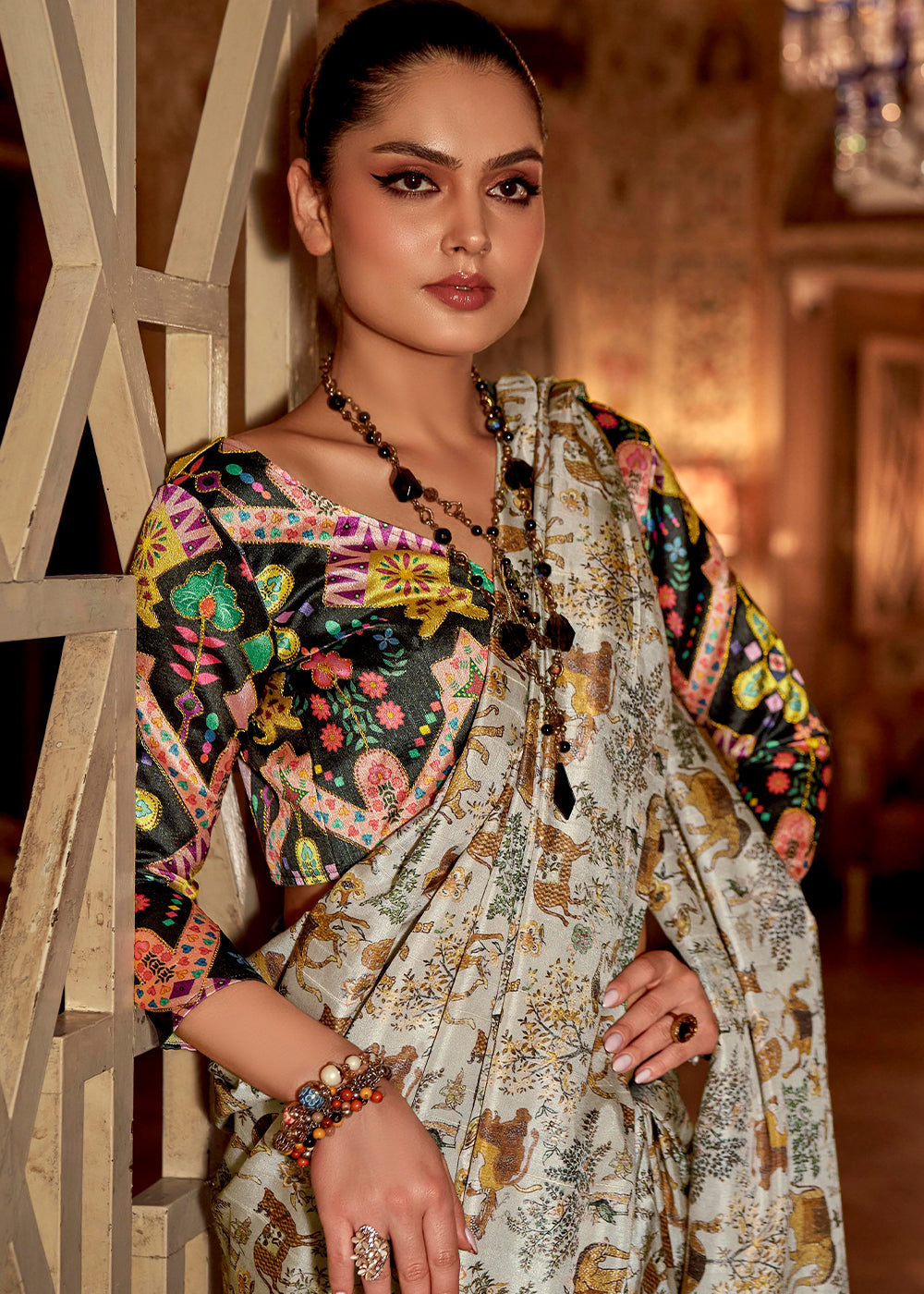 Buy MySilkLove Soft Amber White and Grey Printed Banarasi Saree Online