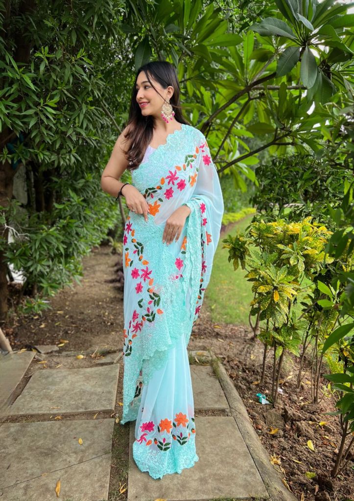 Buy MySilkLove Water Leaf Blue Georgette Embroidered Woven Thread and Shiffli Work Saree Online