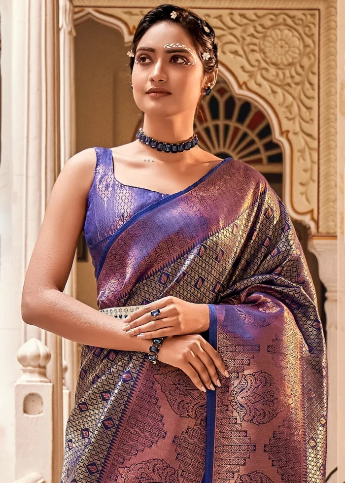 Buy MySilkLove Cedar Blue Zari Woven Kanjivaram Saree Online