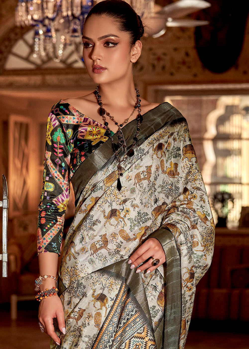 Buy MySilkLove Soft Amber White and Grey Printed Banarasi Saree Online