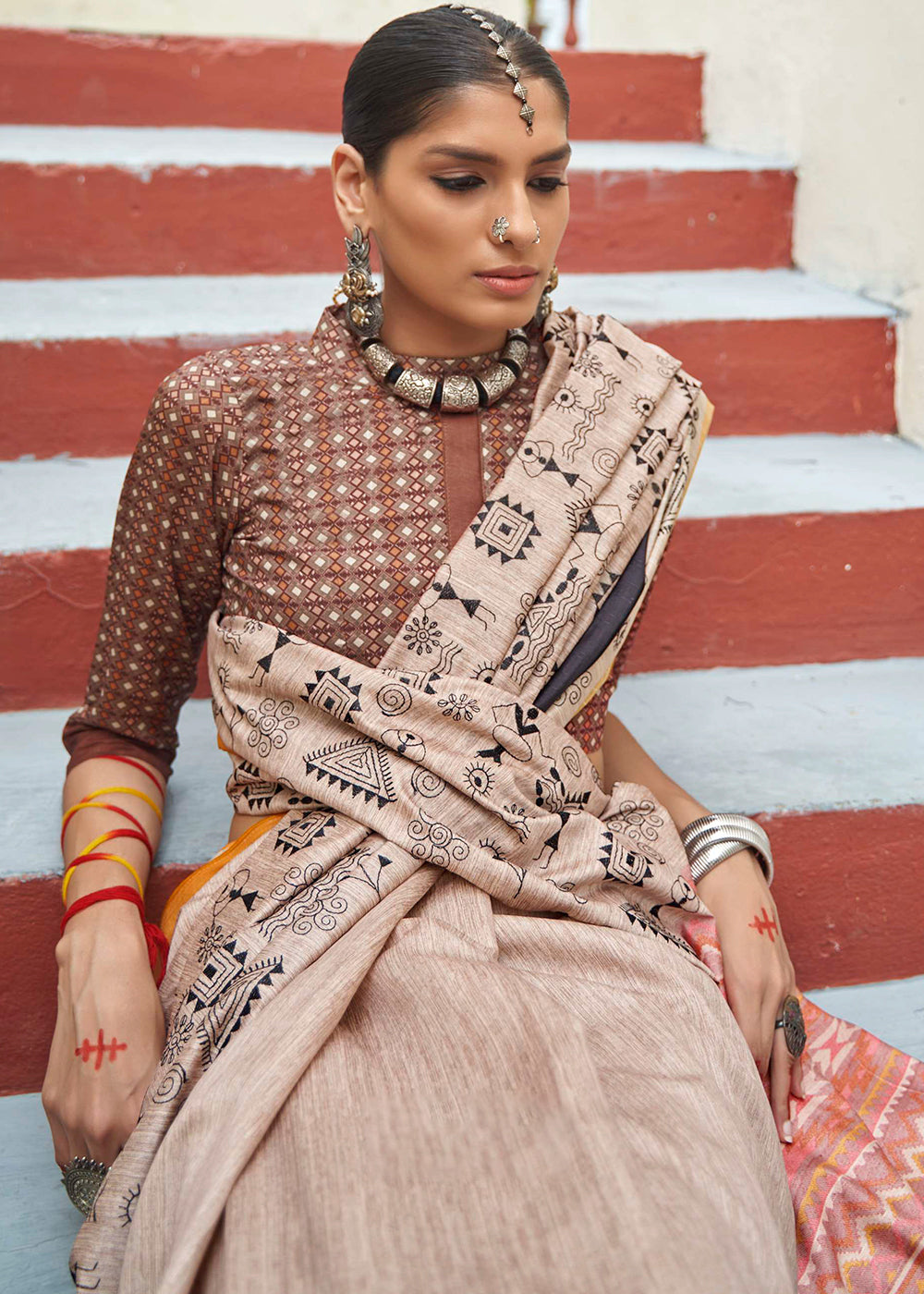 Buy MySilkLove Cameo Brown and Yellow Printed Designer Banarasi Saree Online