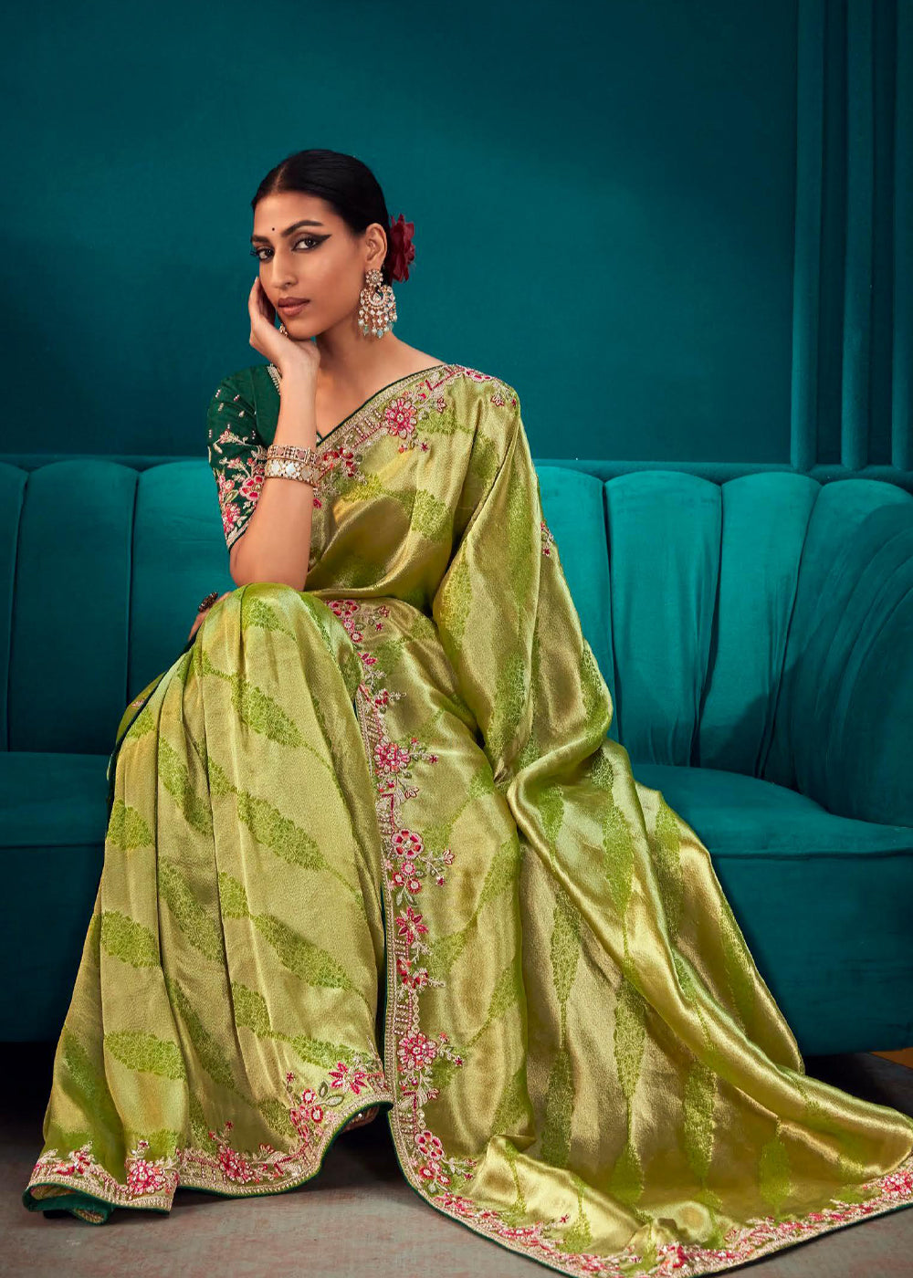 Buy MySilkLove Peridot Green Woven Embroidered Banarasi Silk Saree Online