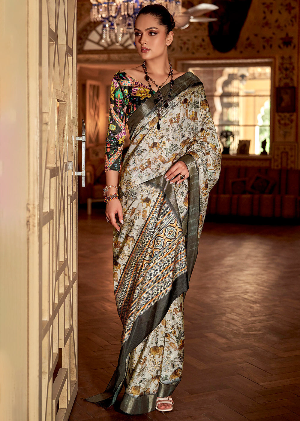 Buy MySilkLove Soft Amber White and Grey Printed Banarasi Saree Online