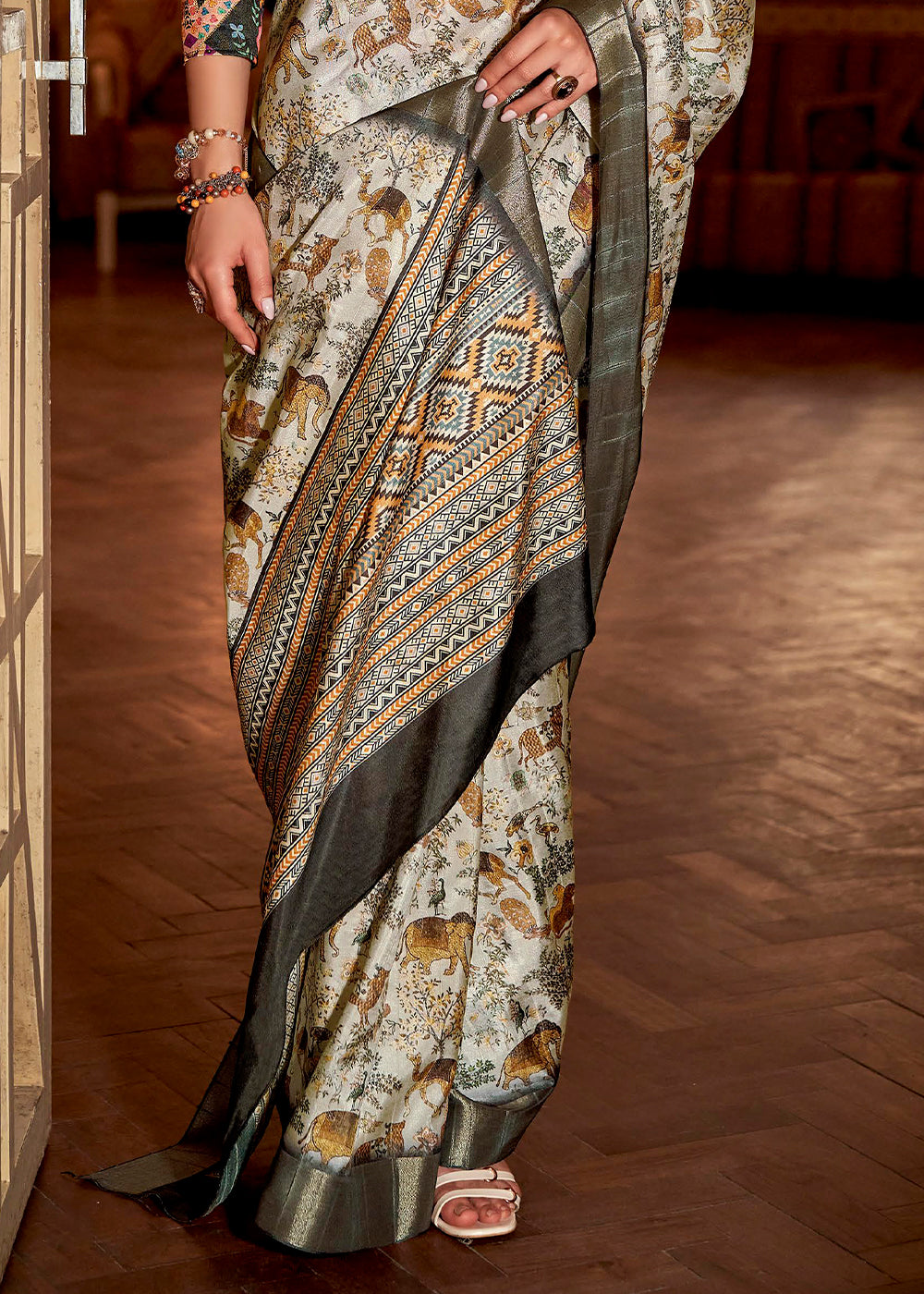 Buy MySilkLove Soft Amber White and Grey Printed Banarasi Saree Online