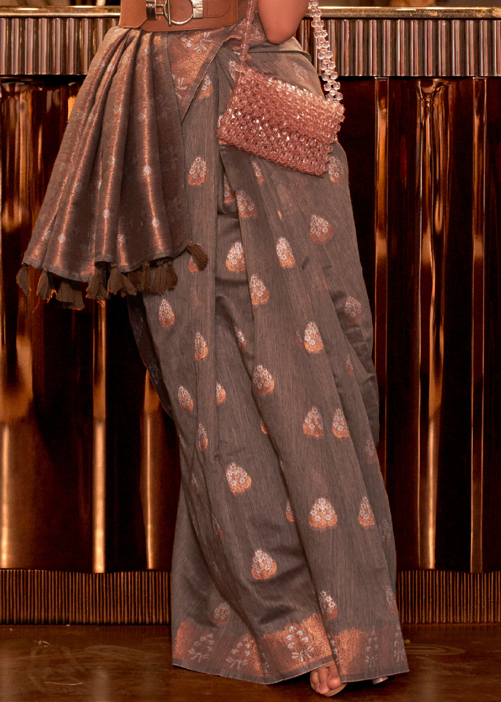 Buy MySilkLove Irish Coffee Brown Bronze Zari Woven Linen Silk Saree Online