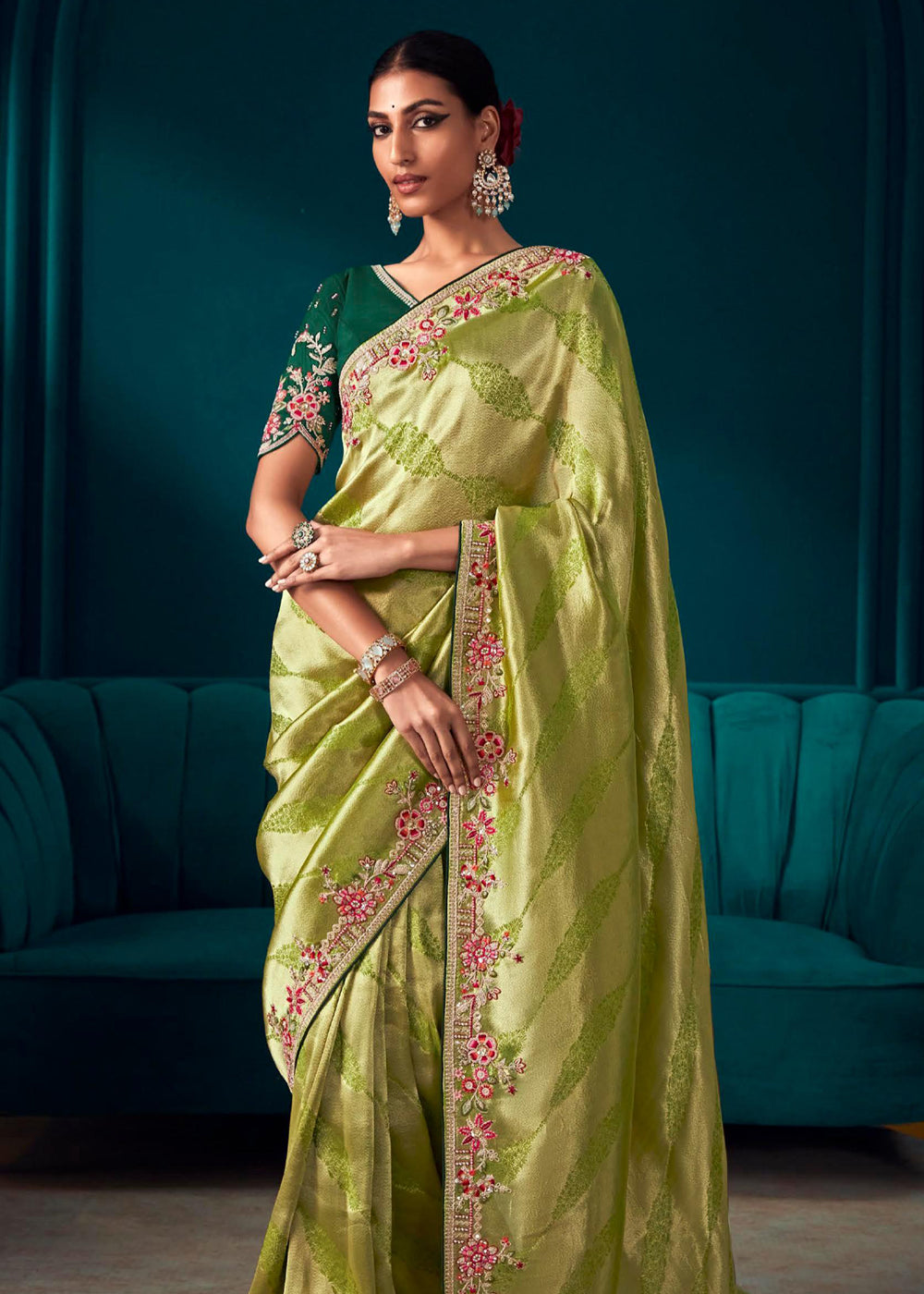 Buy MySilkLove Peridot Green Woven Embroidered Banarasi Silk Saree Online
