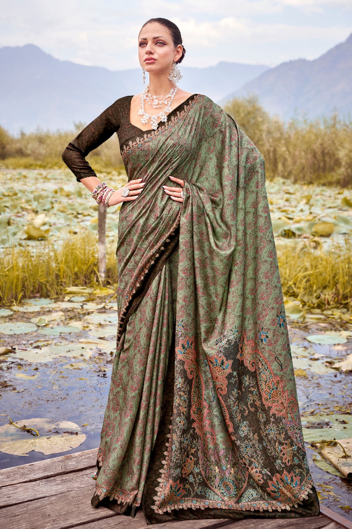 Buy MySilkLove Flax Smoke Green Printed Pashmina Silk Saree Online