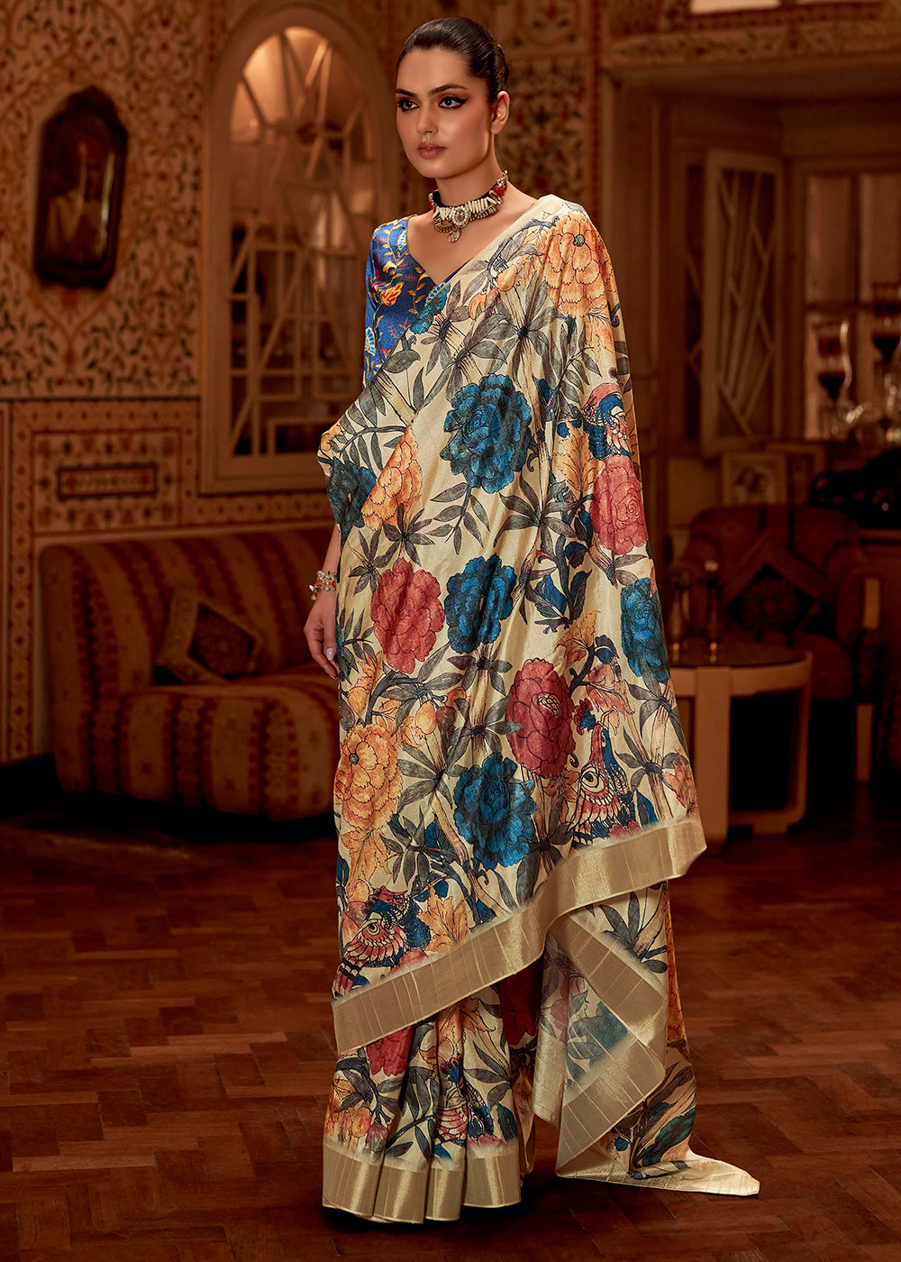 Buy MySilkLove Yuma Cream and Blue Printed Banarasi Saree Online