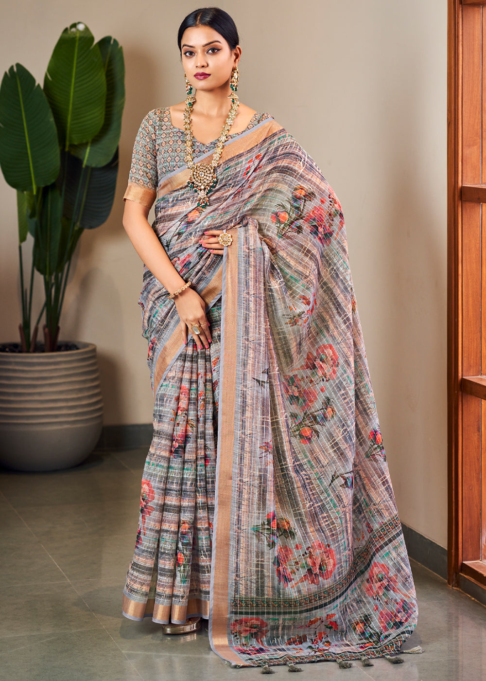 Buy MySilkLove Gunsmoke Grey Linen Saree with Digital Print Online