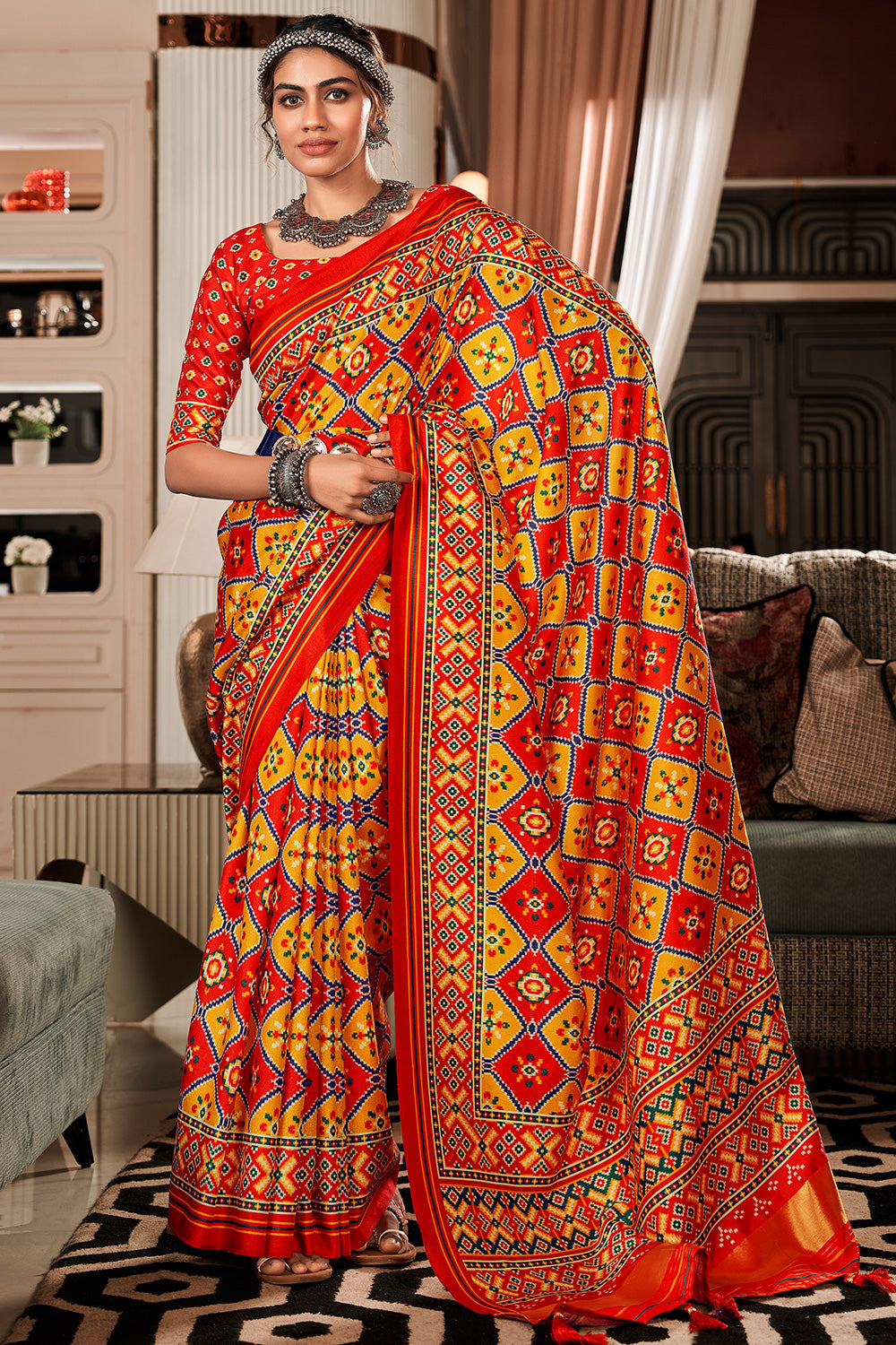 Buy MySilkLove Dandelion Yellow and Red Printed Patola Saree Online