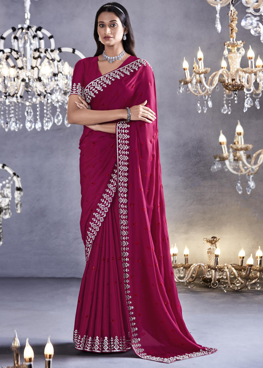 Buy MySilkLove Hibiscus Pink Woven Embroidered Satin Silk Saree Online