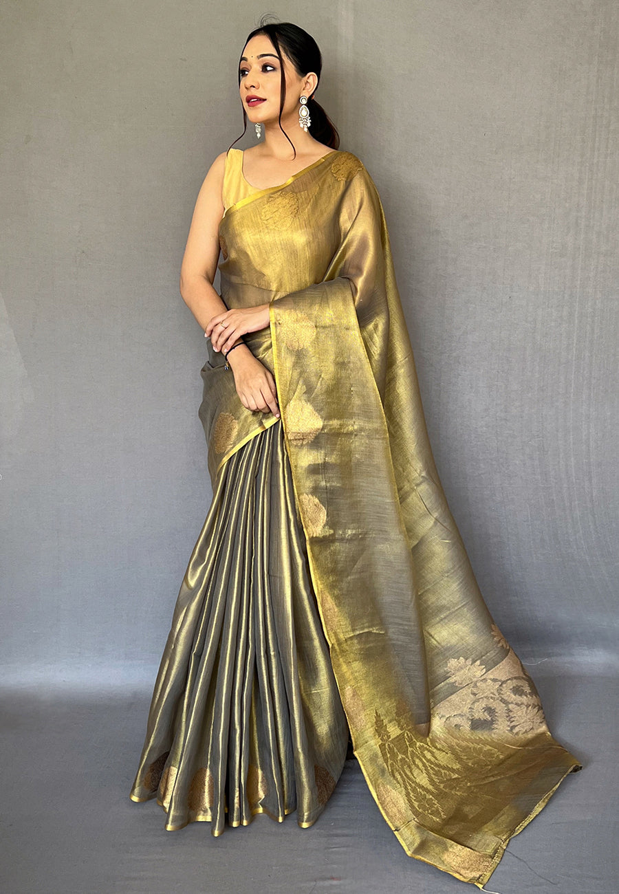 Buy MySilkLove Shingle Fawn Green Zari Woven Banarasi Tissue Silk Saree Online