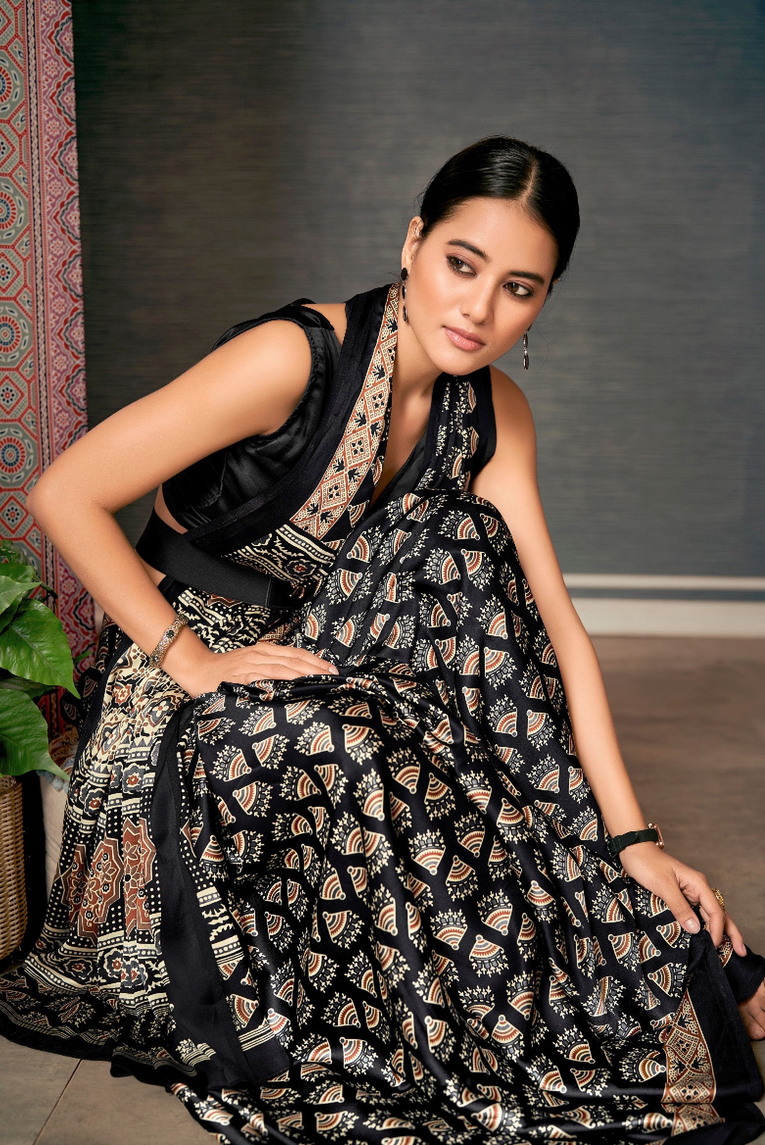 MySilkLove Onyx Black Digital Printed Ajrakh Satin Crepe Saree