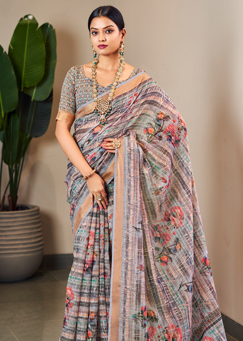 MySilkLove Gunsmoke Grey Linen Saree with Digital Print