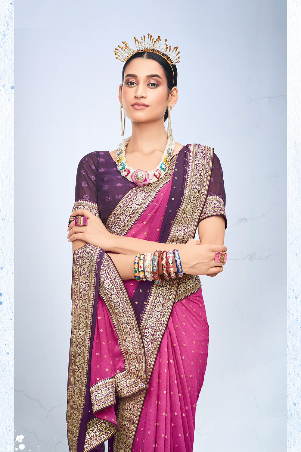 MySilkLove Mystic Pink and Purple Printed Georgette Saree