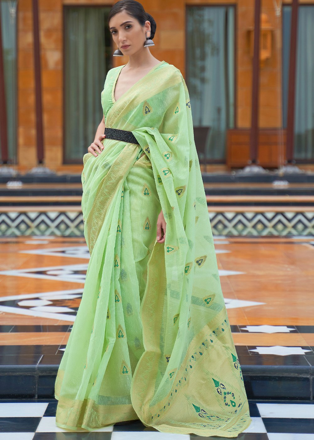 Buy MySilkLove Moss Green Zari Woven Banarasi Linen Saree Online