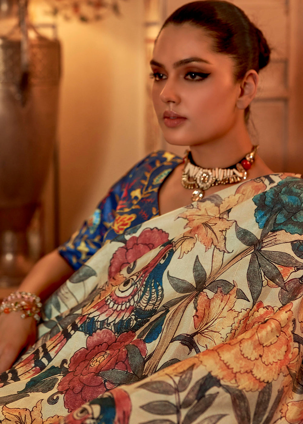 Buy MySilkLove Yuma Cream and Blue Printed Banarasi Saree Online
