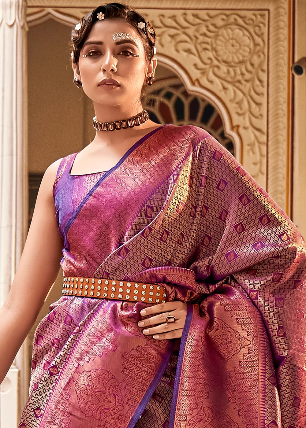 Buy MySilkLove Cinnamon Purple Zari Woven Kanjivaram Saree Online