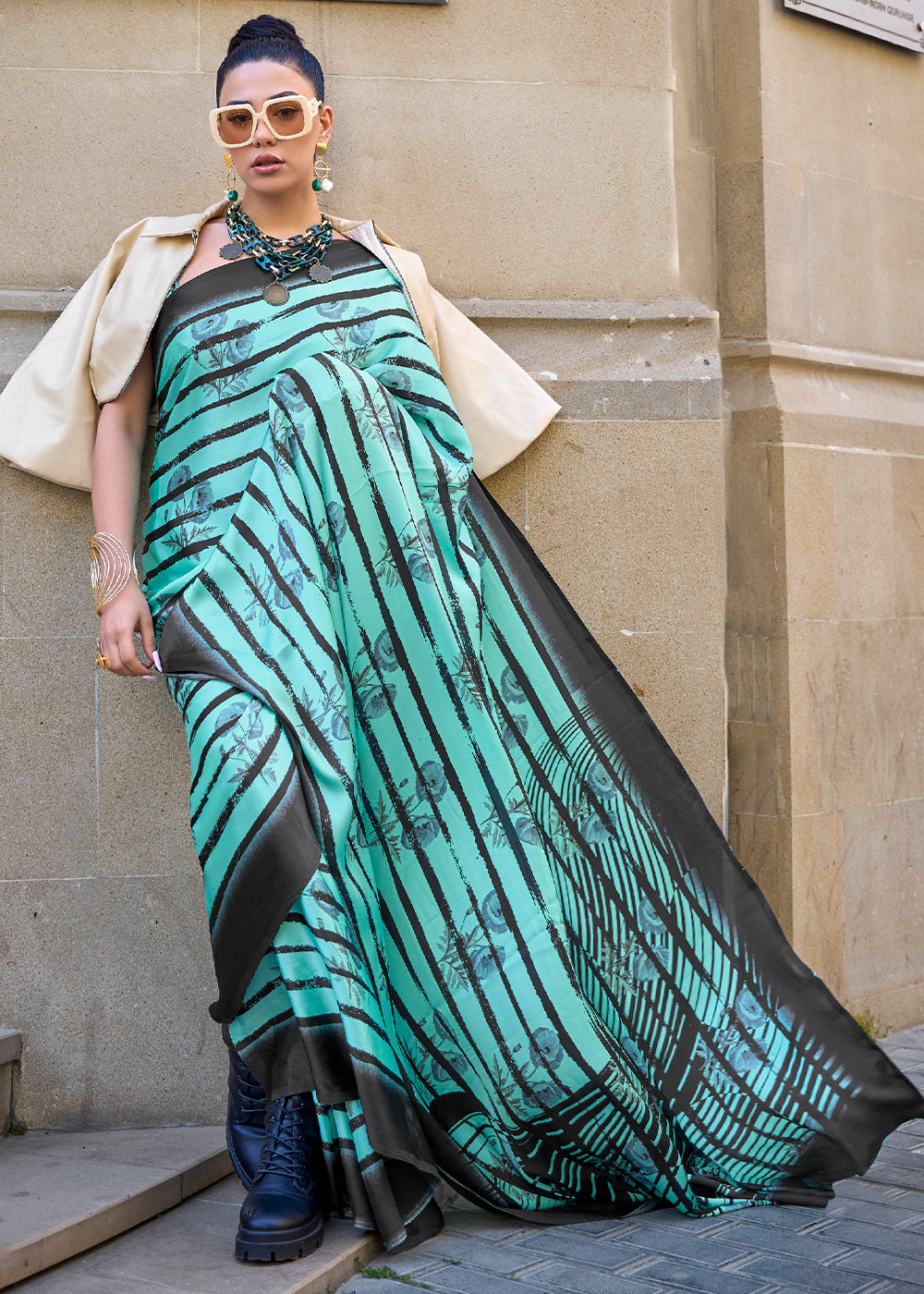 Buy MySilkLove Water Leaf Blue Printed Satin Crepe Sarees Online
