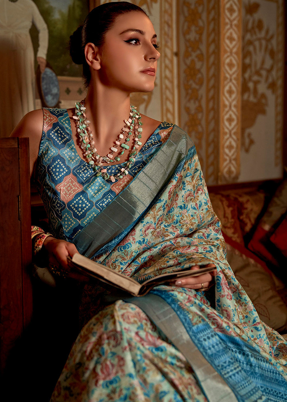 Buy MySilkLove Mineral Blue Printed Banarasi Saree Online