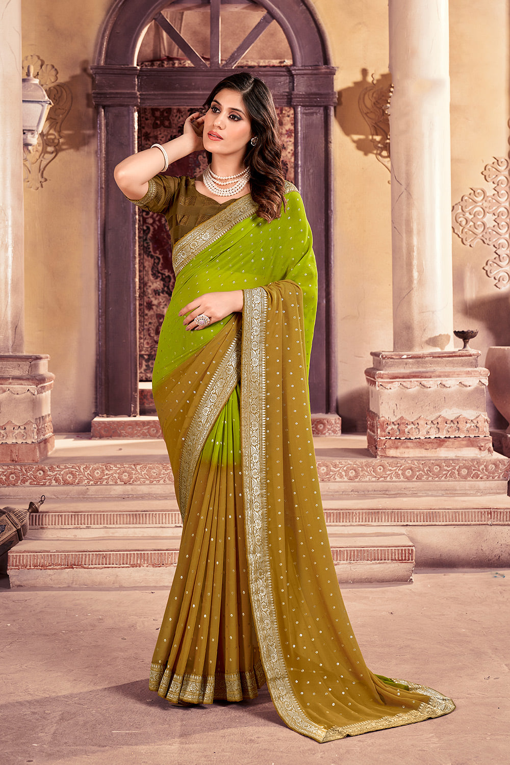 Buy MySilkLove Citron Green Printed Georgette Saree Online