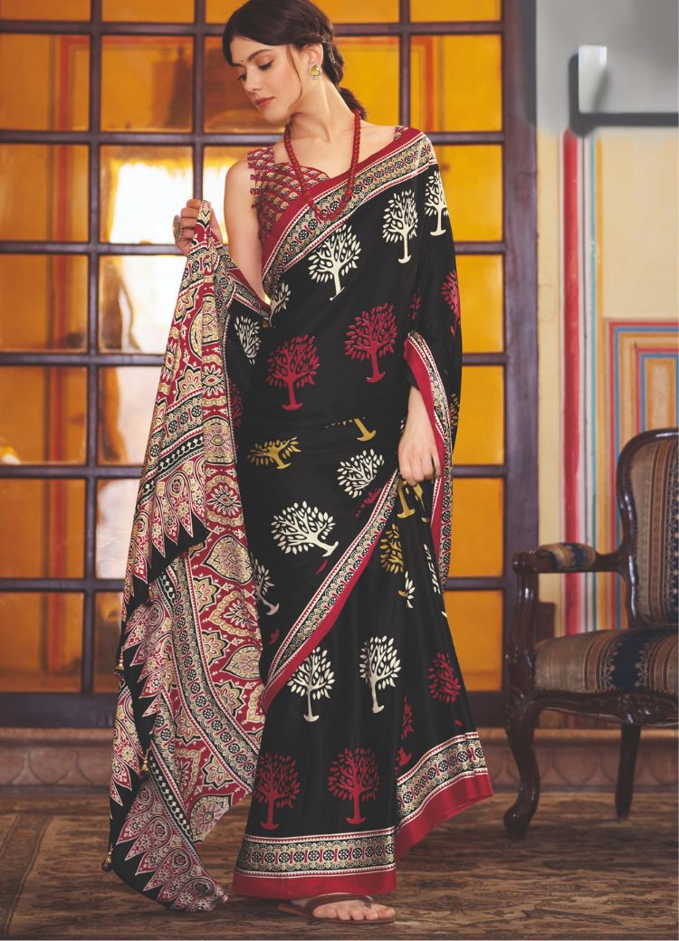 Buy MySilkLove Shark Black and Red Ajrakh Printed Satin Crepe Saree Online