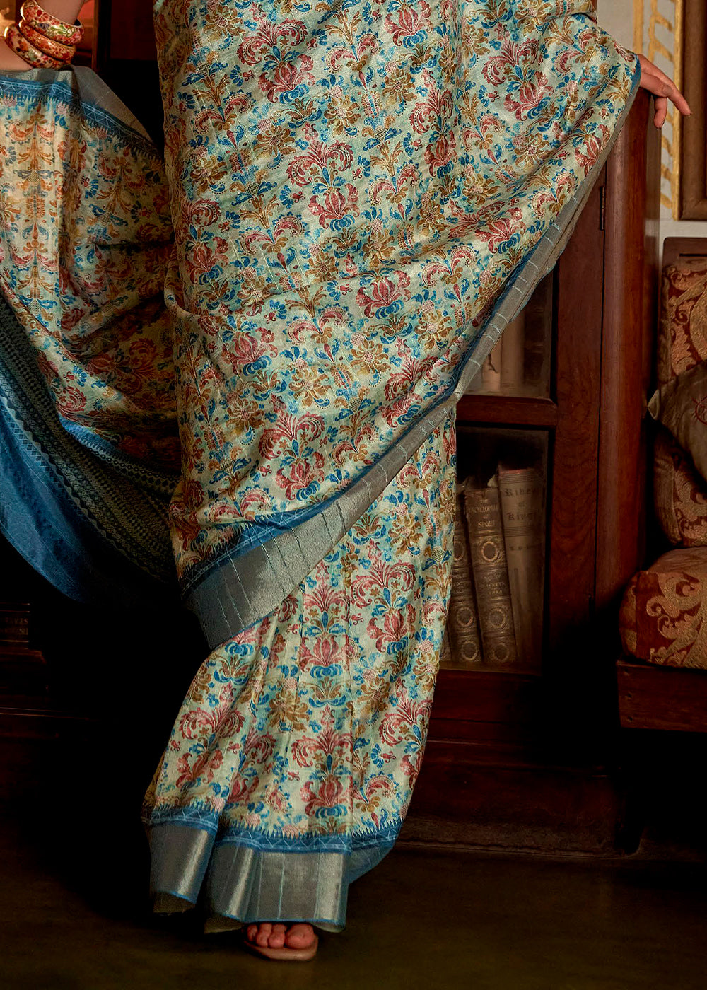 Buy MySilkLove Mineral Blue Printed Banarasi Saree Online