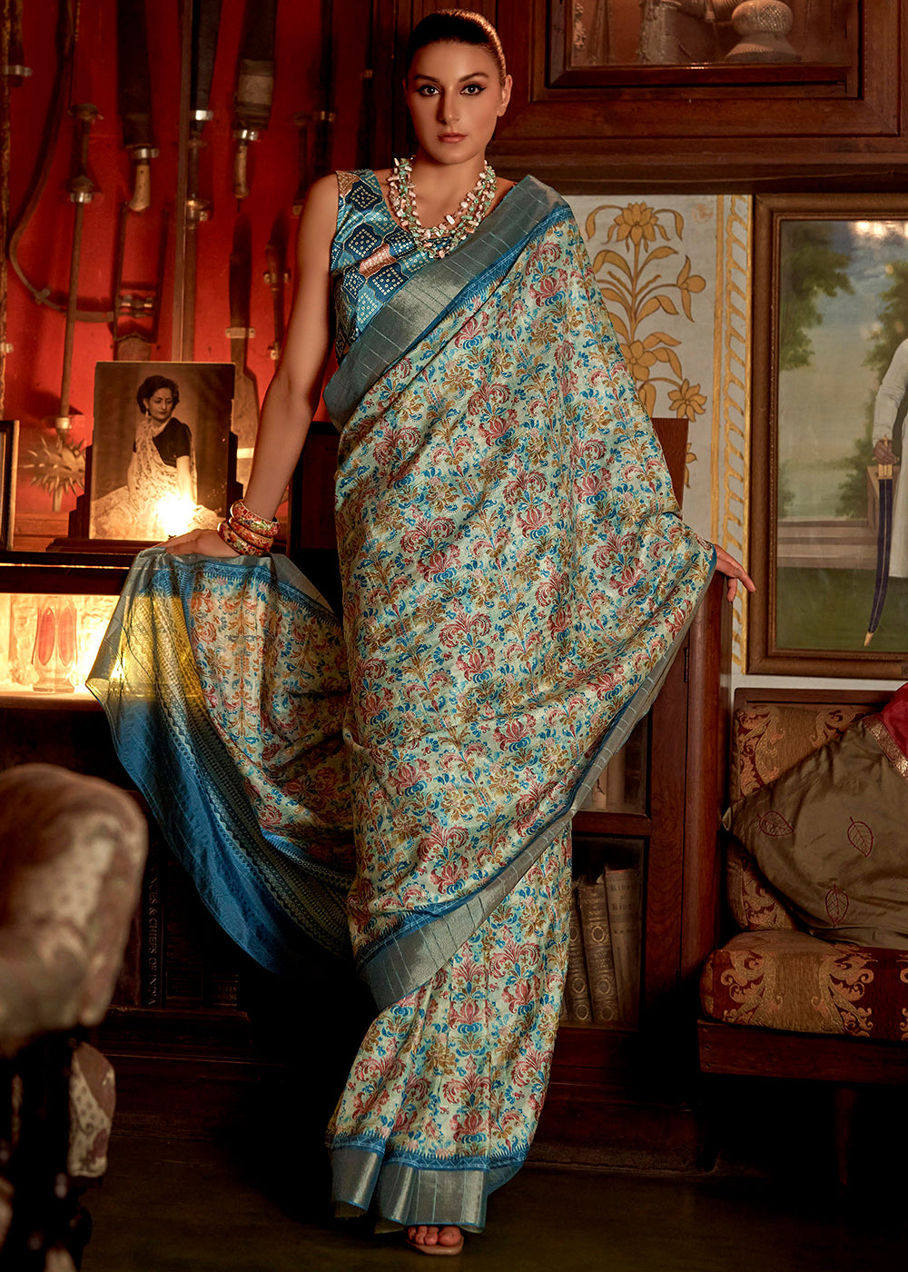 Buy MySilkLove Mineral Blue Printed Banarasi Saree Online