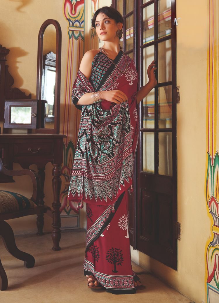 Buy MySilkLove Solid Maroon Ajrakh Printed Satin Crepe Saree Online