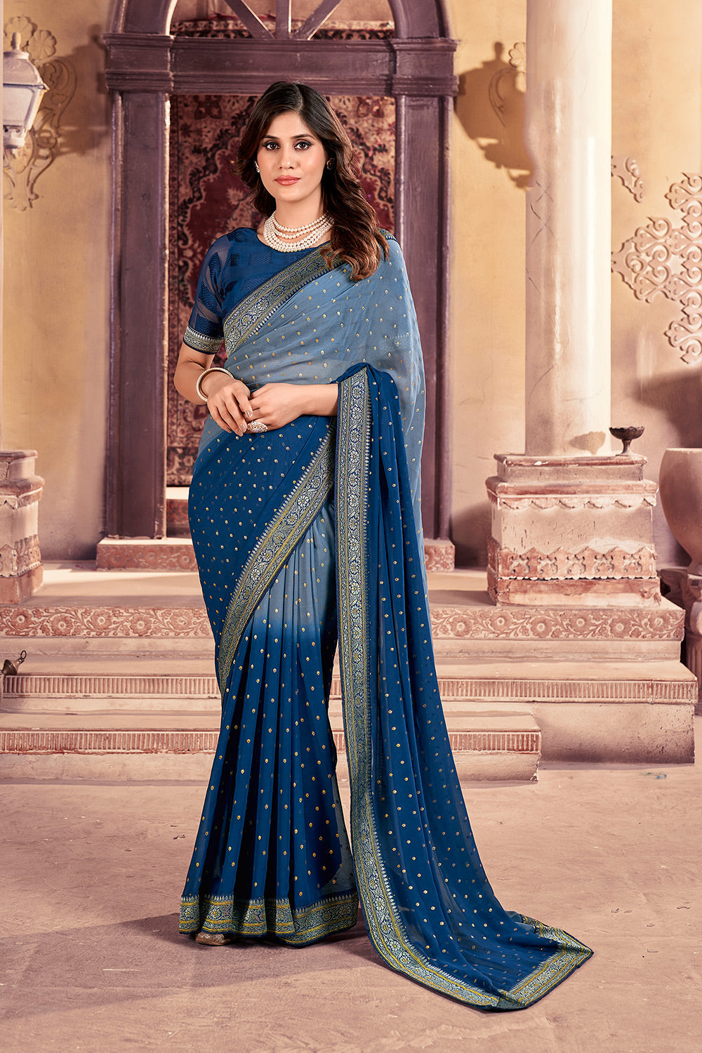 Buy MySilkLove Downriver Blue and Grey Printed Georgette Saree Online