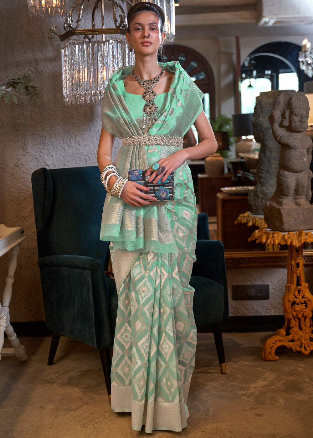 Buy MySilkLove Bay Leaf Green Woven Banarasi Linen Silk Saree Online