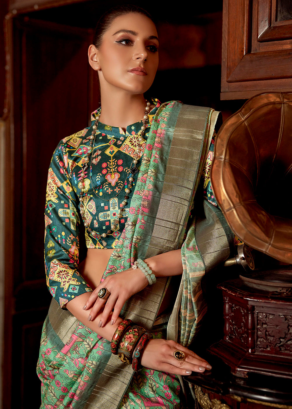 Buy MySilkLove Highland Green Printed Banarasi Saree Online