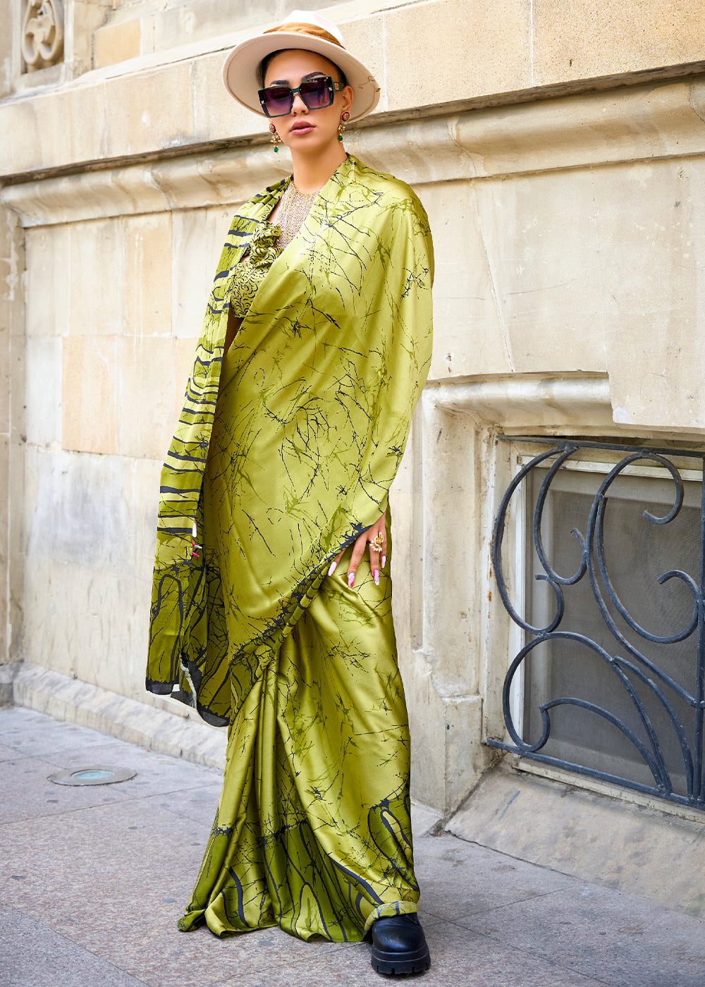 Buy MySilkLove Celery Green Printed Satin Crepe Sarees Online