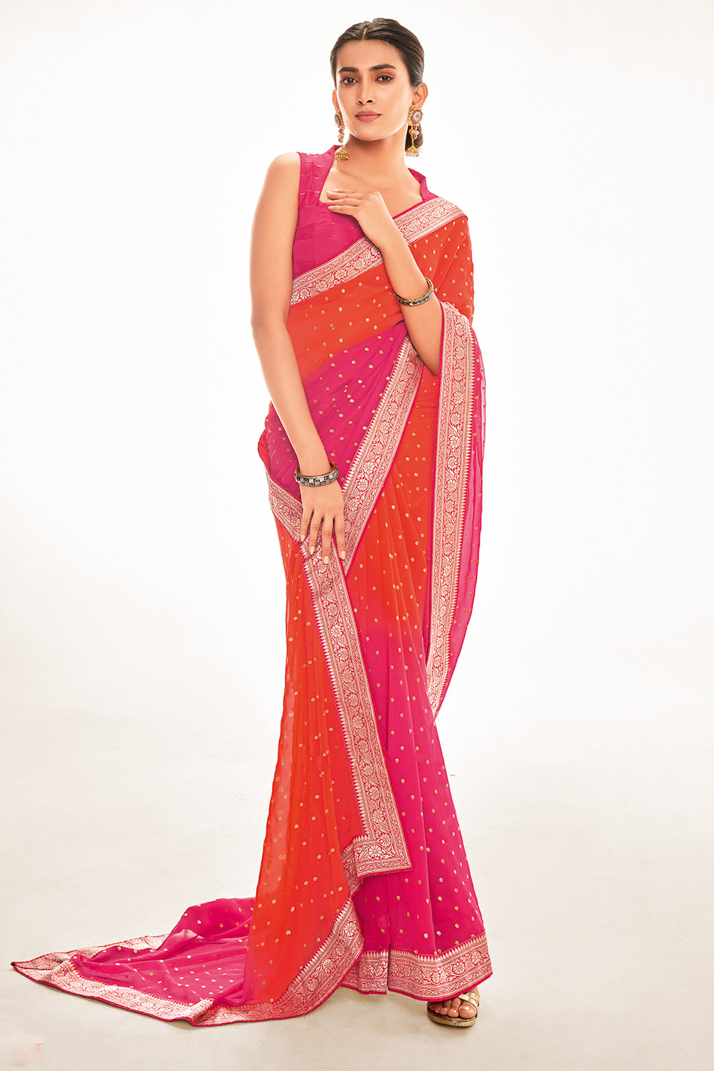 Buy MySilkLove Pearl Pink and Orange Printed Georgette Saree Online