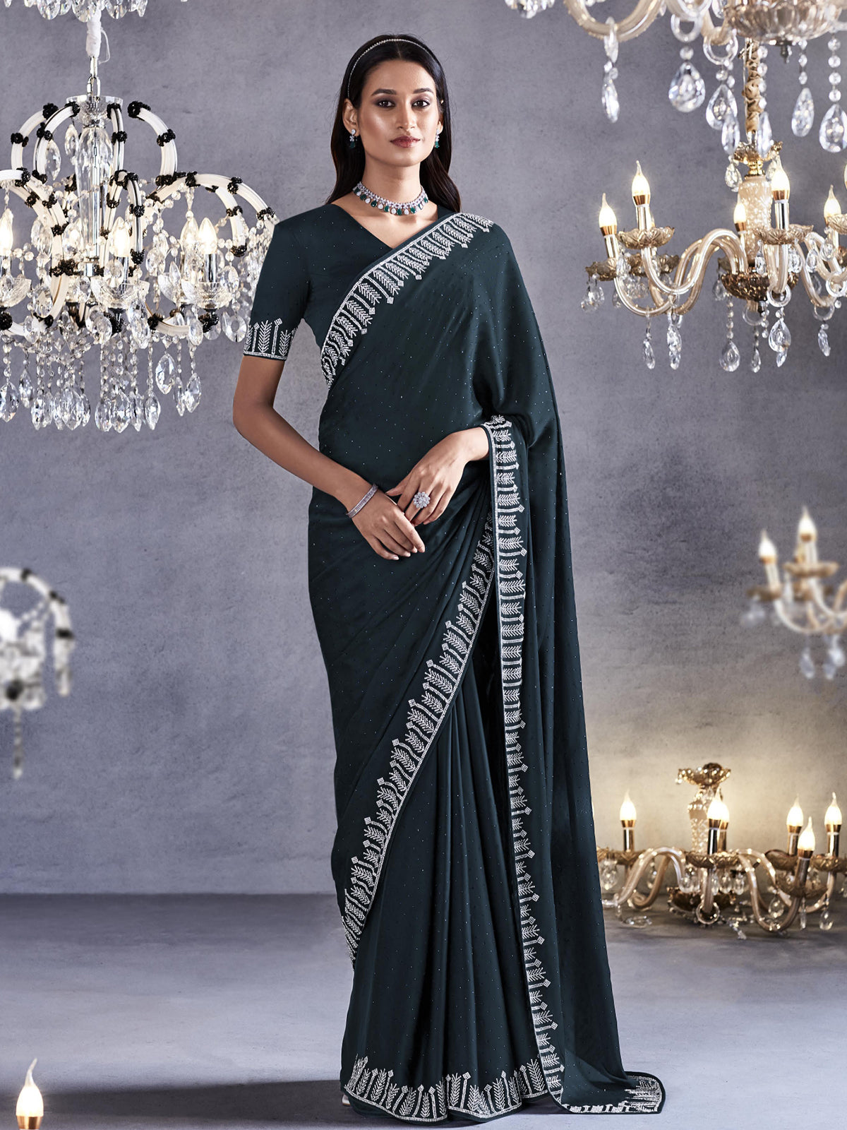 Buy MySilkLove Limed Spruce Grey Woven Embroidered Satin Silk Saree Online