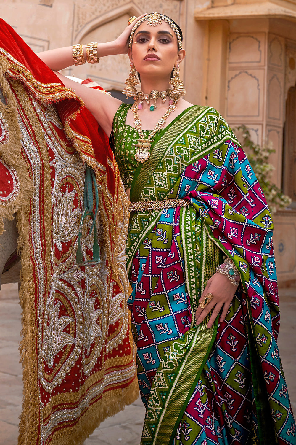 Buy MySilkLove Calypso Blue and Green Printed Patola Silk Saree Online