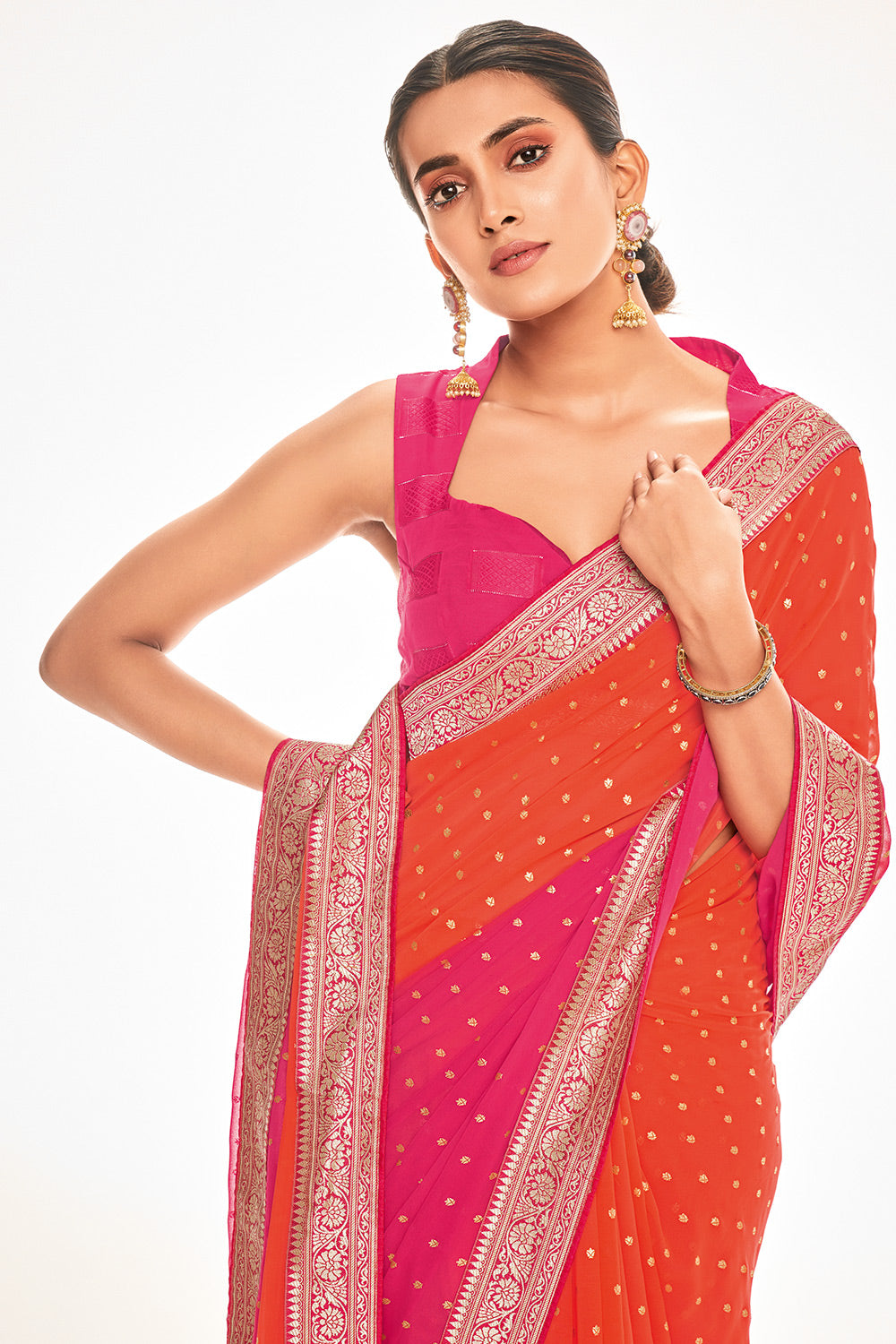 MySilkLove Pearl Pink and Orange Printed Georgette Saree