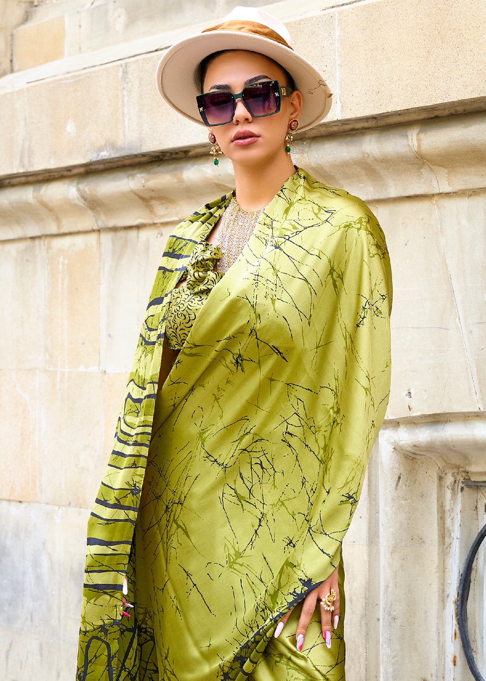 MySilkLove Celery Green Printed Satin Crepe Sarees