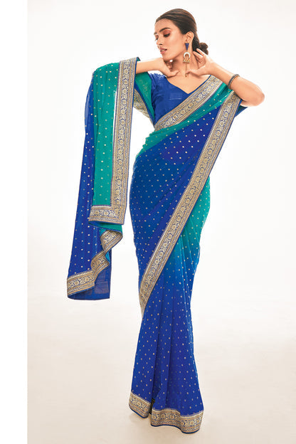 MySilkLove Matisse Blue Printed Georgette Saree