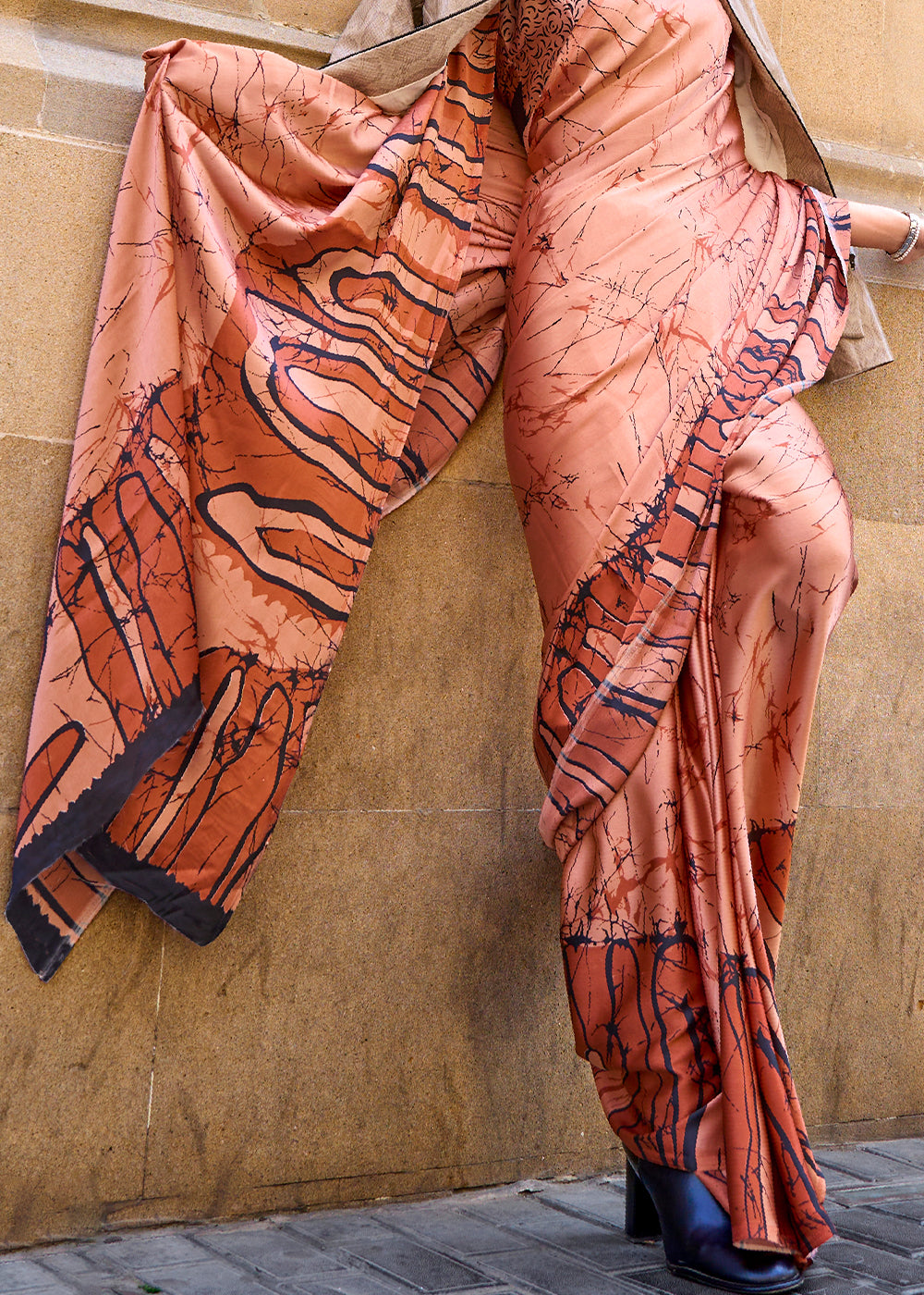 Buy MySilkLove Raw Sienna Brown Printed Satin Crepe Sarees Online